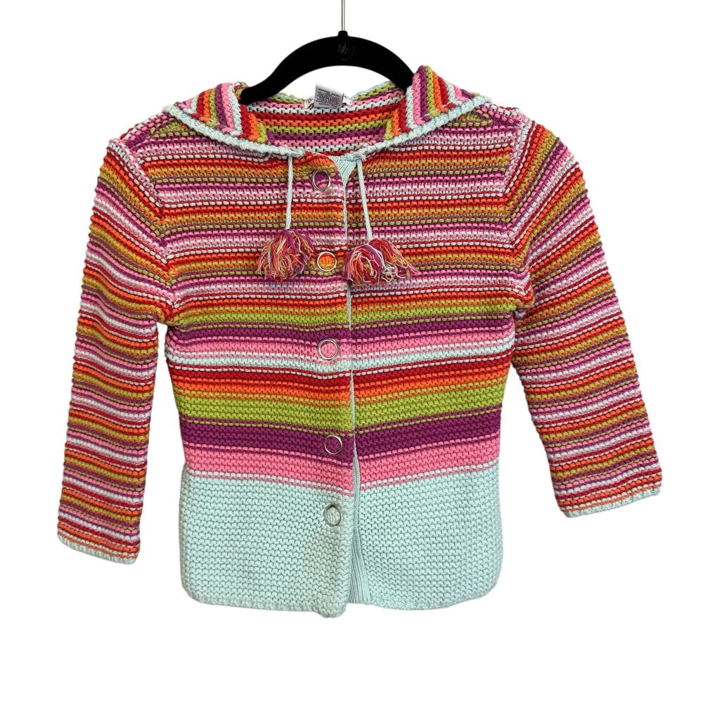 Vintage Lydia Jane Sweater Girls Small 4 Colorful Striped Snap Hooded Winter